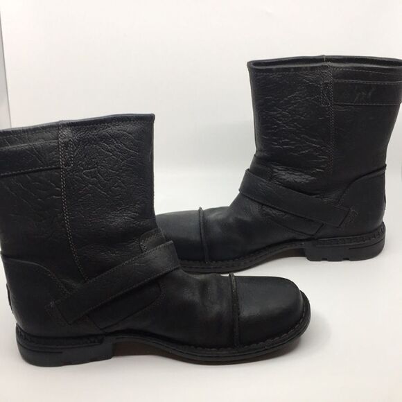 UGG Australia Lancing Black Leather Sherpa Lined Mid Ankle Moto Boots Sz 12 - Picture 14 of 16